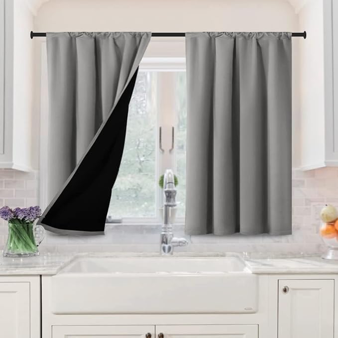 H.VERSAILTEX 100% Blackout Curtains for Bedroom Short Curtains Half Window Curtains for Kitchen, Privacy Energy Saving Curtain Tiers for Bathroom Shades, W 42 x L 36 inch, Set of 2, Dove Grey by HVERSAILTEX