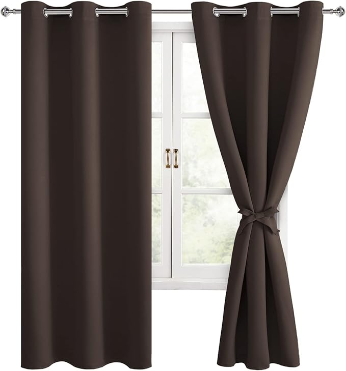 Hiasan Blackout Curtains for Bedroom, 38 x 63 Inches Length - Thermal Insulated & Light Blocking Window Curtains for Living Room, 2 Drape Panels Sewn with Tiebacks, Brown by Hiasan