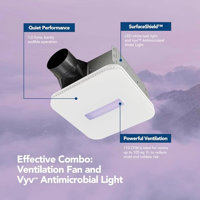 Broan-NuTone AR110LKVV SurfaceShield Vital Vio Powered Exhaust Vent LED White Light & Violet Light, 110 CFM, White - Image 3