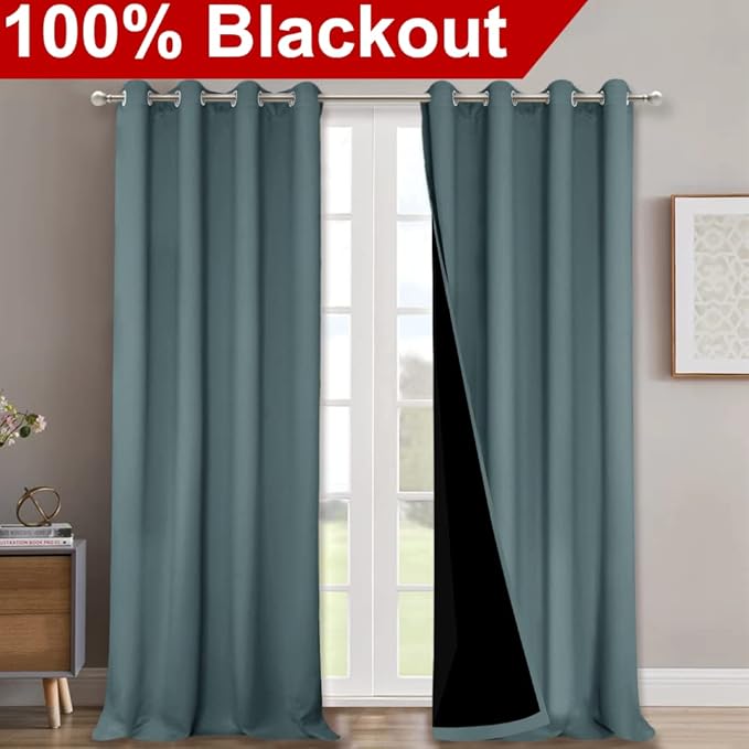 NICETOWN Aqua 100% Blackout Curtains for Windows, Super Heavy-Duty Black Lined Total Darkness Drapes for Bedroom, Privacy Assured Window Treatment for Patio (Pack of 2, 52 inches W x 108 inches L) - Image 2