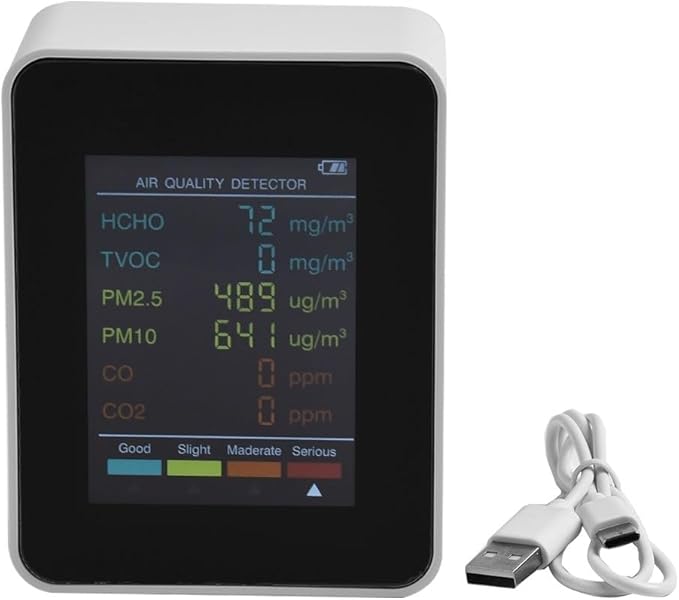Air Quality Monitor, Multifunctional 6 in 1 C02 Detector PM2.5 PM10 HCHO TVOC Meter Air Quality Monitor, Test Indoor Pollution and Humidity Indoor by Unknown