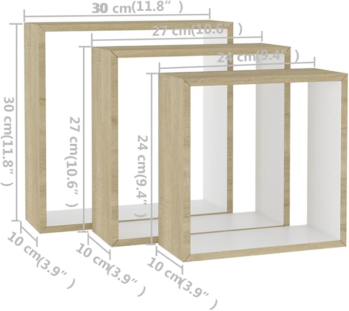 vidaXL 3 pcs Wall Cube Shelves in White and Sonoma Oak - Stylish Floating Shelves with Invisible Mounting, MDF Construction for Sturdy, Decorative Display - Image 10