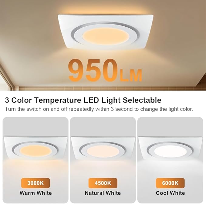 88CFM 1.0 Sone Bathroom Exhaust Fan with Light, Ultra-Quiet Bathroom Vent Fan Extractor with 6FT Flexible Ducting Hose and Clamps, Ceiling Mount Ventilation Shower Bath Fan - Image 2