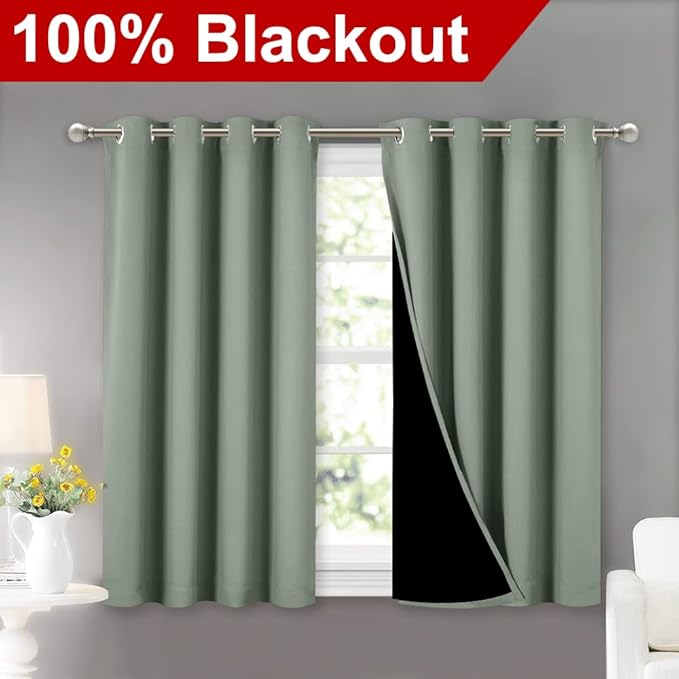 NICETOWN Greyish Green 100% Blackout Curtains 45 inches Long, 2 Thick Layers Completely Blackout Window Treatment Thermal Insulated Lined Drapes for Small Window (1 Pair, 52 inches Width Each Panel) - Image 2
