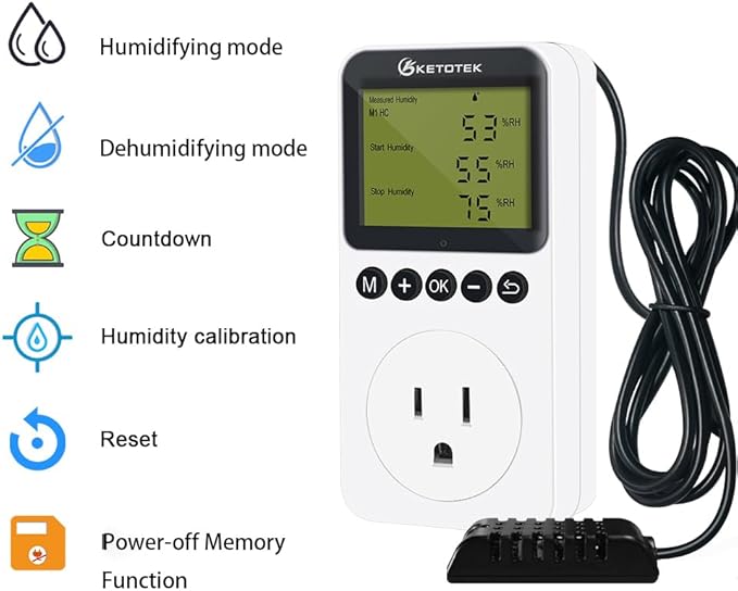 KETOTEK Digital Humidity Controller Outlet Plug with Sensor Probe, 120V Humidistat Controller Plug for Reptile Mushroom Greenhouse, Humidity Switch Outlet - Image 2