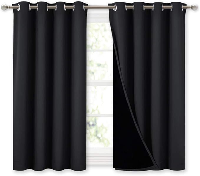 NICETOWN 100% Blackout Curtains 45 inches Length, 2 Thick Layers Completely Blackout Window Treatment Thermal Insulated Lined Drapes for Basement Window (Black, 1 Pair, 52 inches Width Each Panel) by NICETOWN