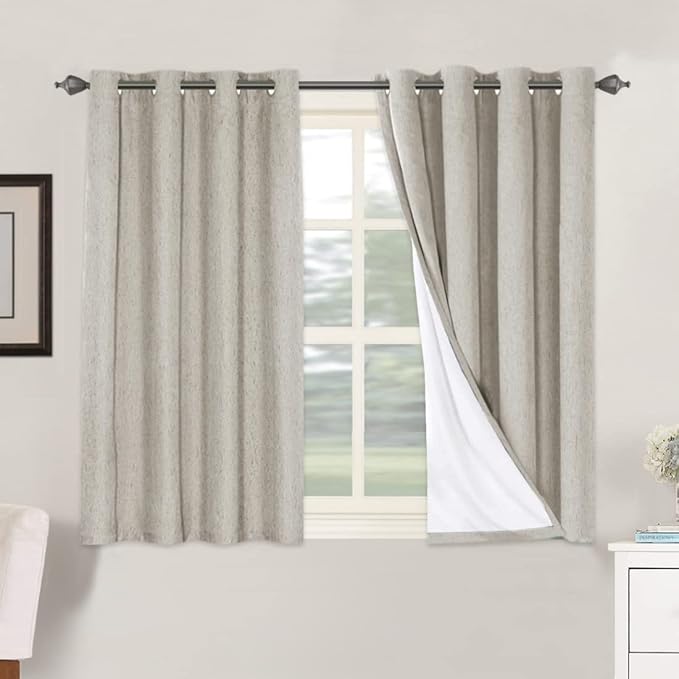 H.VERSAILTEX Linen Blackout Curtains 45 Inches Long 100% Absolutely Blackout Thermal Insulated Textured Linen Look Curtain Draperies Anti-Rust Grommet, Energy Saving with White Liner, 2 Panels, Stone by HVERSAILTEX