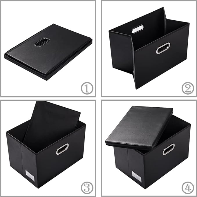 PRANDOM Large Stackable Storage Boxes with Lids [5-Pack] Leather Fabric Foldable Storage Bins Organizer Containers Baskets Cubes with Cover for Bedroom Closet Office Nursery Black(17.7x11.8x11.8) - Image 6