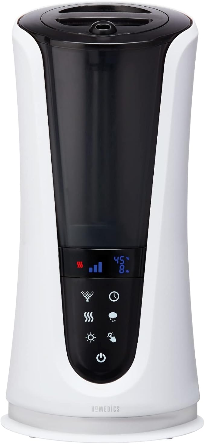Homedics Ultrasonic Humidifier – Large Deluxe Air Humidifiers for Bedroom, Plants, Office – Cool and Warm Mist Humidifiers, Essential Oil Pads and Built-In Timer, 5 Mist Settings, White and Black by Homedics