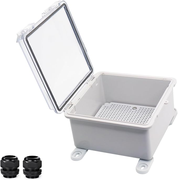 Waterproof Outdoor Electrical Box Junction Box Weatherproof IP67 ABS Plastic Enclosure Switch Router Project Box with Mounting Plate with Wall Bracket 2 Cable Glands Clear 5.9"x5.9"x3.5" by YETLEBOX