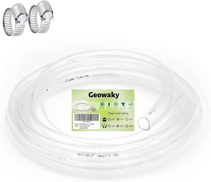 Clear Vinyl Tubing 1/2" ID × 5/8" OD -25 Ft 60PSI,Flexible Plastic Tube,BPA Free Non-Toxic, Multipurpose Hybrid Clear Reinforced Tubing with 2 Screw Clamps by ProfessionalBrand
