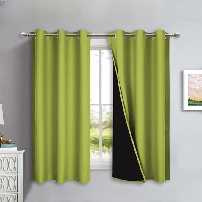 NICETOWN 100% Blackout Lined Curtains, Fresh Green, 1 Pair, 42" Width x 63" Length Each Panel, 2 Thick Layers Completely Blackout Window Treatment Panels Thermal Insulated Drapes for Kitchen by NICETOWN