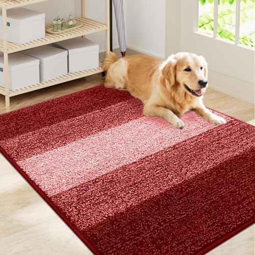 Smiry Dog Door Mat for Muddy Paws, Absorbs Moisture and Dirt, Low-Profile Entryway Mat with Non-Slip Backing, Entry Indoor Outdoor Doormat for Inside Floor (40x32 Inches, Burgundy, Striped) by Smiry