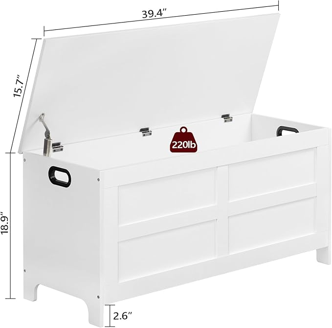 Storage Chest, 39.4” Large Toy Chest, Entryway Storage Trunk, Storage Bench with Safety Hinge, Entrance Bench for Living Room, Entrance, Bedroom, White SCWT48301 - Image 3