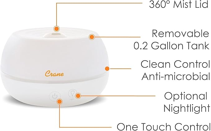Crane Portable Ultrasonic Travel Humidifier & Aroma Diffuser – 0.2 Gallon Cool Mist, No Filter Required, Optional Essential Oil Tray, Whisper-Quiet for Babies, Travel, & Small Rooms (White) - Image 4