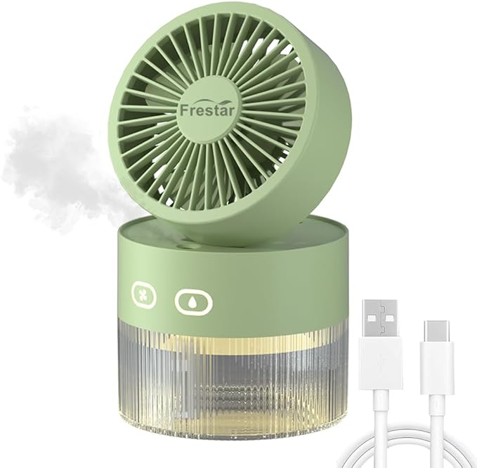 Personal Cooling Fan and Small Air Humidifier 350ml with LED Night Light, Desktop USB Charging Humidifier and Fan 3 in 1 for Office and Small Room, No Battery (Green) by frestar