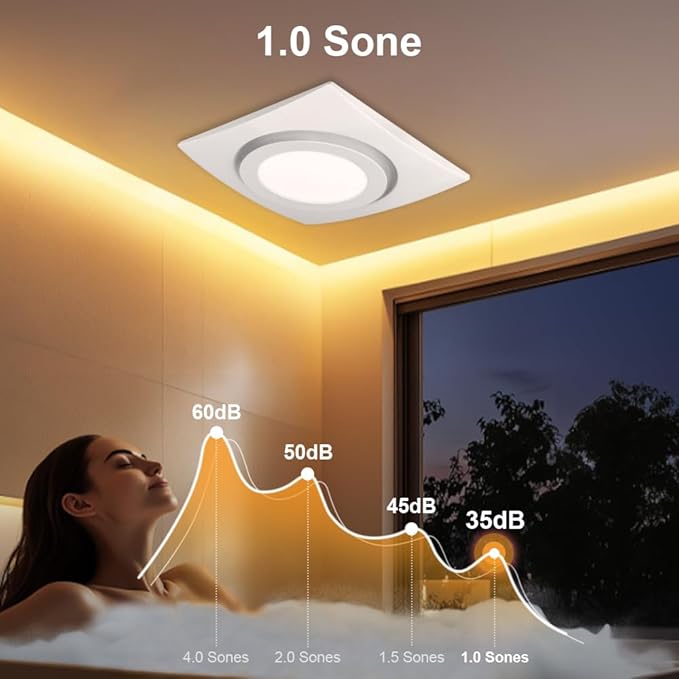 88CFM 1.0 Sone Bathroom Exhaust Fan with Light, Ultra-Quiet Bathroom Vent Fan Extractor with 6FT Flexible Ducting Hose and Clamps, Ceiling Mount Ventilation Shower Bath Fan - Image 4