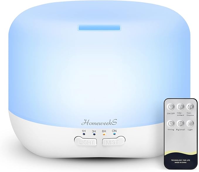 Aromatherapy Essential Oil Diffuser for Room: 500ml Colorful Aroma Air Humidifier with Adjustable Cool Mist Mode, Waterless Auto Off Ultrasonic Diffusers for Large Room Home Office(White) by Homeweeks