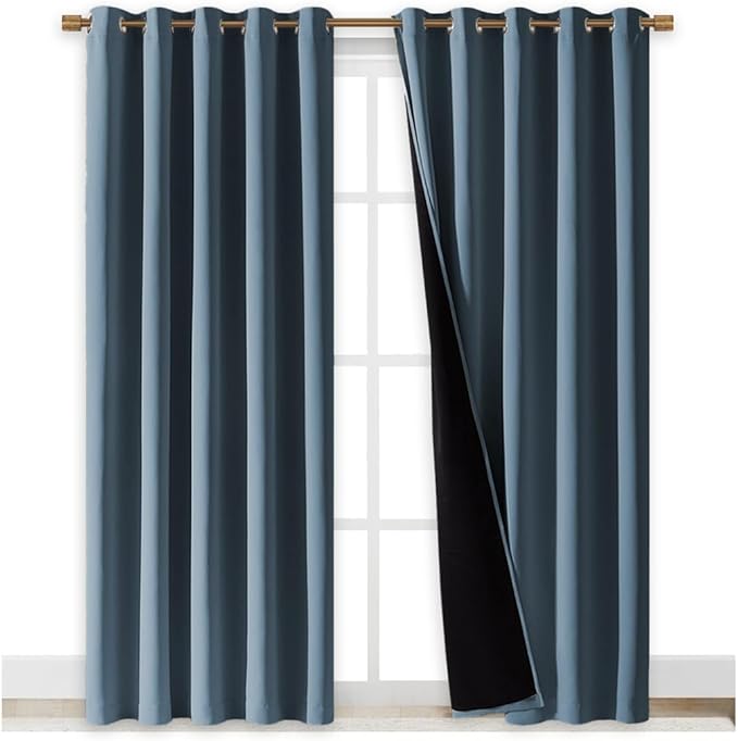 NICETOWN 100% Blackout Window Curtain Panels, Smoky Blue, 2 PCs, 62" Wide Each Panel, Cold and Full Light Blocking Drapes with Black Liner for Nursery, 84" Drop Thermal Insulated Draperies - Image 2