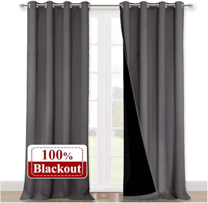 NICETOWN 100% Blackout Blinds, Set of 2, 52 inches x 120 inches, Laundry Room Decor Window Treatment Curtains for Large Patio Sliding Door, Thermal Insulated Grey Curtains for Bedroom by NICETOWN