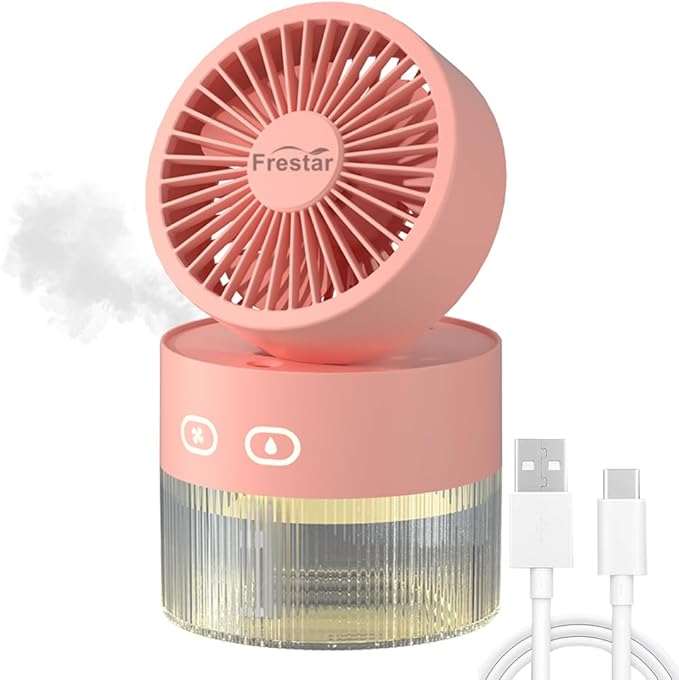 Personal Cooling Fan and Small Air Humidifier 350ml with LED Night Light, Desktop USB Charging Humidifier and Fan 3 in 1 for Office and Small Room, No Battery (Pink) by frestar