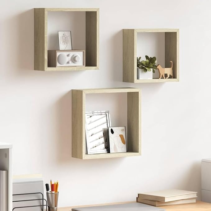 vidaXL Set of 3 Sonoma Oak Wall Cube Shelves - Modern, Durable MDF Floating Shelves for Display and Storage, Easy Installation - Image 2