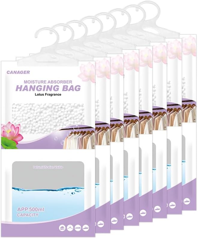 CANAGER Hanging Moisture Absorber, Lotus Fragrance Moistureproof Hanging Bag, Dehumidifier Bag (8 packs) Hanging Closet Dehumidifier Bags, Moisture Absorb 12.5 oz. by CANAGER