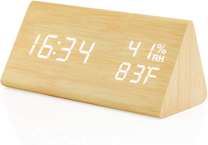 OCT17 Wooden Alarm Clock, Wood Alarm Clock Smart LED Digital Clock for Bedroom/desks, Upgraded with Time Temperature, Adjustable Brightness and Voice Control, Humidity Displaying - Bamboo - Image 7