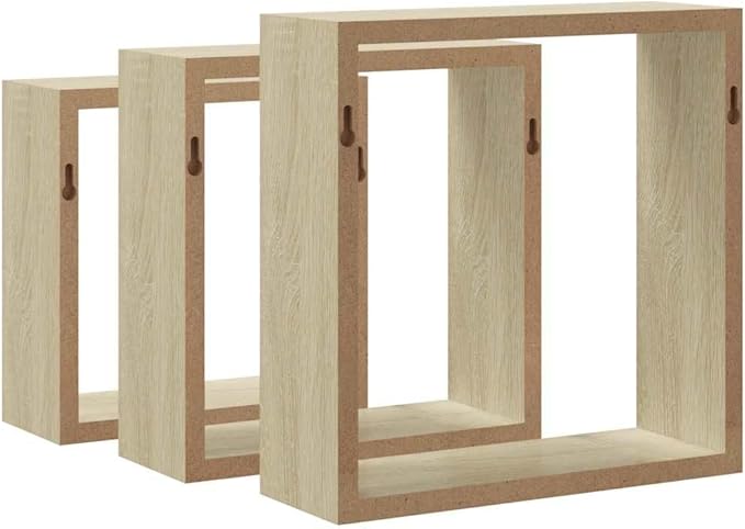 vidaXL Set of 3 Sonoma Oak Wall Cube Shelves - Modern, Durable MDF Floating Shelves for Display and Storage, Easy Installation - Image 9
