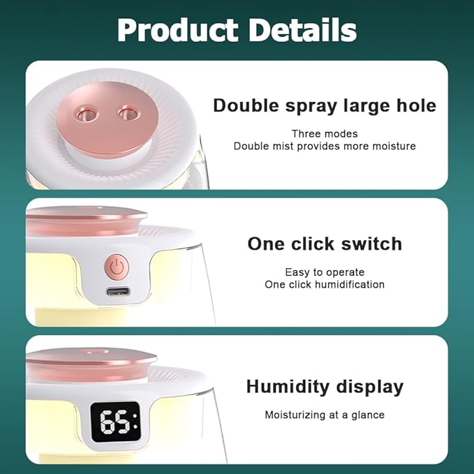 DONGKER Double Spray Humidifier,1L Silent USB Digital Display Humidifier with 2 Mist Modes & Night Light for Car Office Home Room - Image 2