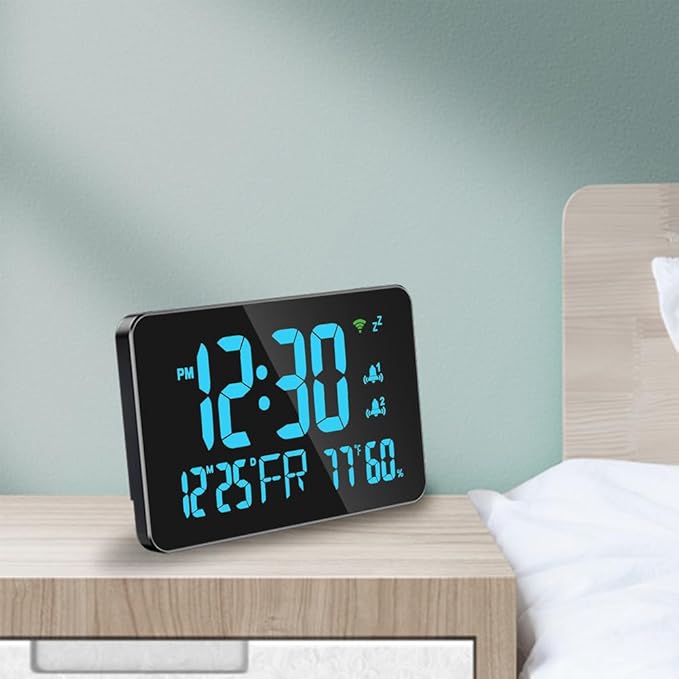 Walfront Tuya WiFi Digital Alarm Clock Desktop Clock Calendar Intelligent Thermometer Hygrometer with Clear LED Display for Bedroom, Bedside (Blue) - Image 4