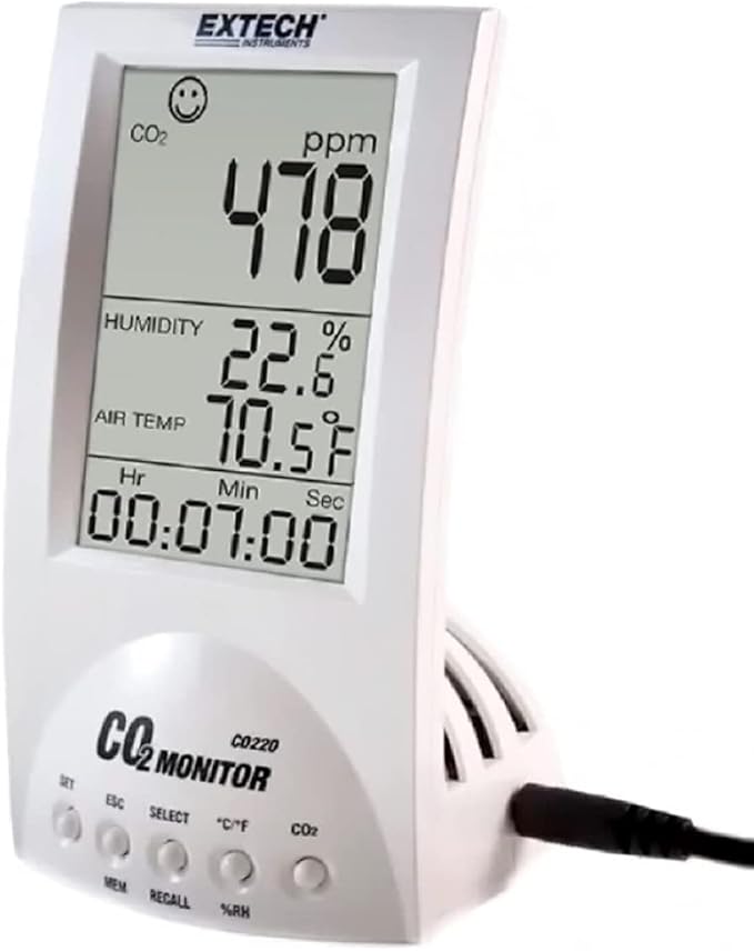 Extech CO220 - Desktop Indoor Air Quality CO2 Monitor – Measures CO2, Temperature, Humidity, Dew Point & Wet Bulb – NDIR Sensor, 99‑Point Memory, Audible Alarm - Image 3