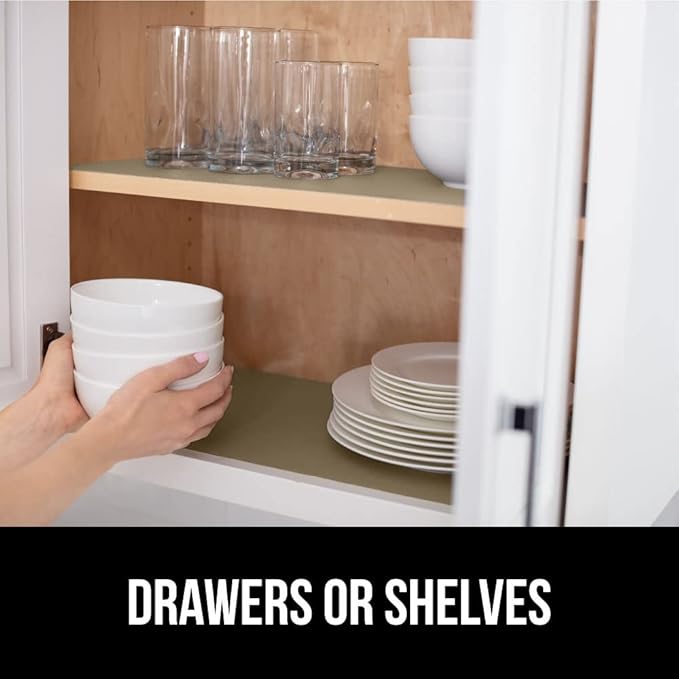GORILLA GRIP DripGuard Shelf Liner, Non-Adhesive Drawer and Kitchen Cabinet Protector, Strong Grip Slip Resistant Underside, Smooth Surface Liners for Cabinets, Bathrooms, Closets, 12x120 Inch, Beige - Image 7