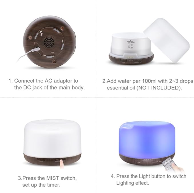 Wild Essentials 700ml Designer Large Room Essential Oil Diffuser, 5 in 1 Ultrasonic Aromatherapy Vaporizer Cool Mist Humidifier, Home, Office, Bedroom, Timer, Auto-Off, 7 Color LED (Dark Wood Hearts) - Image 9