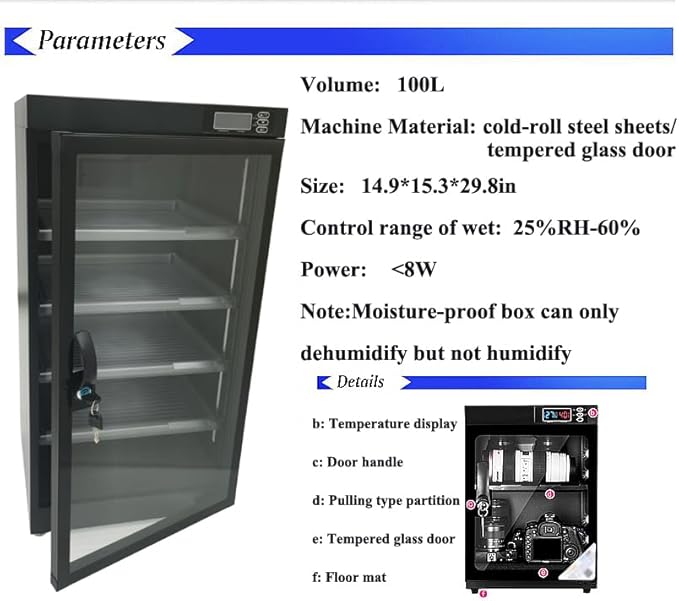 Automatic Digital Camera Dehumidify Storage 100L Dry Cabinet Box Storage 5 Layers Dry Cabinet with Tempered Glass for Camera & Lens Equipment Saving Storage Noiseless & Energy Saving Cabinet - Image 7