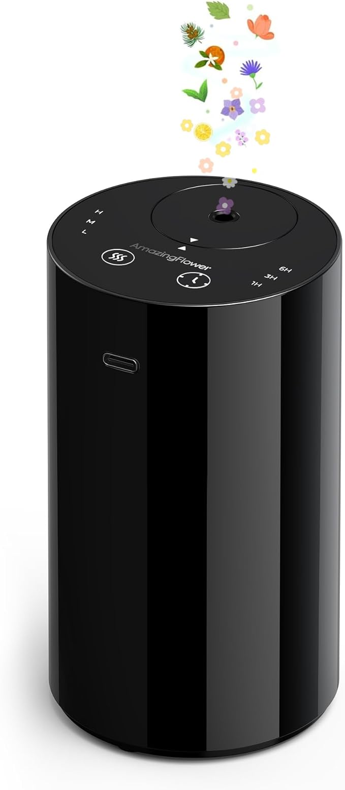 Waterless Essential Oil Diffuser, Portable Aromatherapy Diffuser with 20mL Capacity, Battery Operated Mini Scent Diffuser,3 Mist Levels & Timers, Leak-Free, for Home, Car, Office (Black) by AMAZINGFLOWER