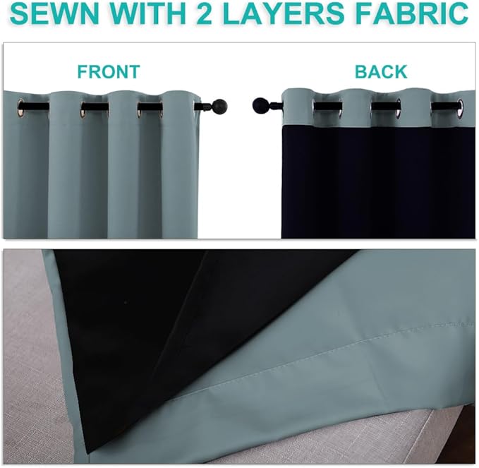 NICETOWN 100% Blackout Short Curtains with Black Liners, 2 Panels, 37" W by 50" L, Greyish Blue, Solid Thermal Insulated Full Blackout 2-Layer Lined Drapes, Energy Efficiency Window Drapes for Bedroom - Image 5