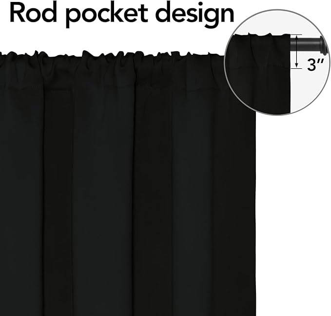 Easy-Going Rod Pocket Blackout Curtains for Bedroom, Room Darkening Window Curtains for Living Room, Thermal Insulated Noise Reduction Solid Window Drapes, 2 Panels(34x63 in, Black) - Image 2