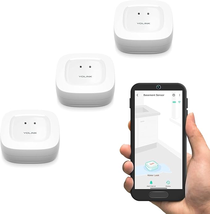 YoLink Water Leak Sensor 3-Pack, LoRa Up to 1/4 Mile Open-Air Range Smart Water Leak & Flood Detector, SMS/Text, Email & Push Notifications, w/Alexa, IFTTT, Home Assistant - YoLink Hub Required by YoLink