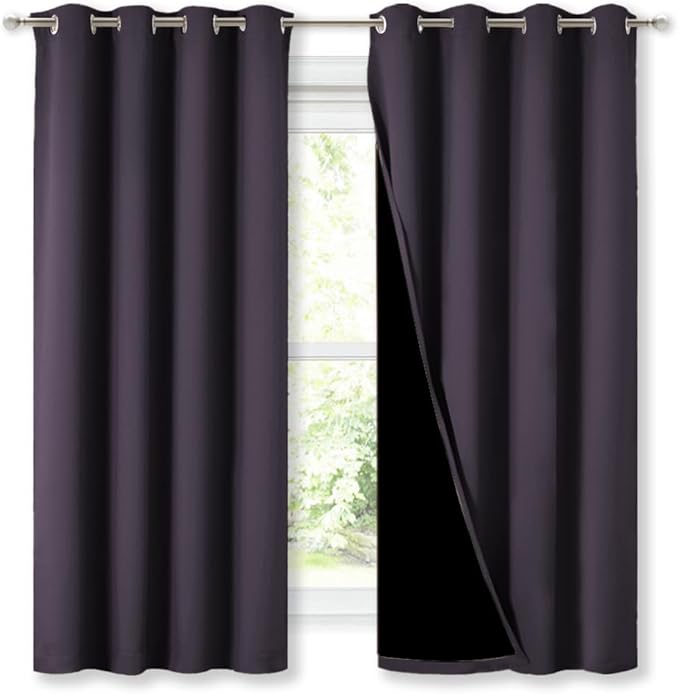 NICETOWN Extra Long Truly Blackout Drapes for Hall and Villa, 46" Width Each Panel, 45" Length, Greyish Purple, 2 Pieces, 100% Blackout Window Curtain Panels with Black Lined for Night Shift Worker - Image 2