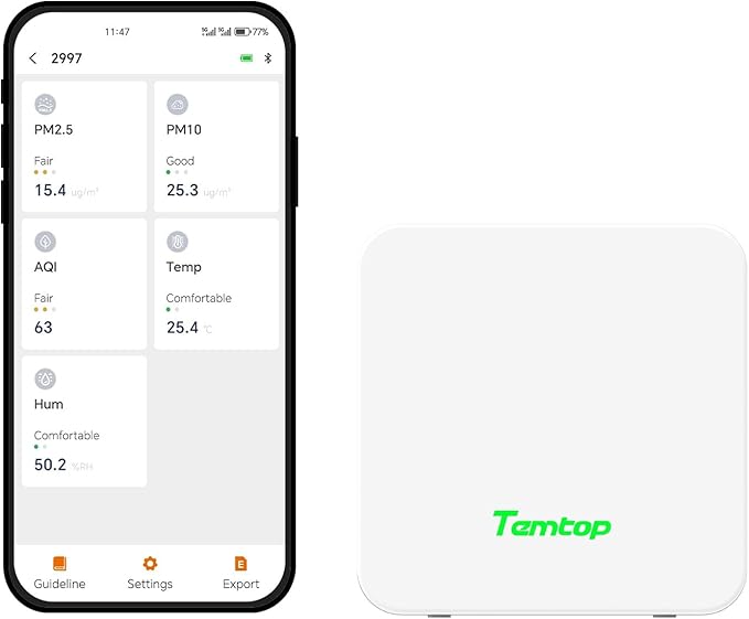 Temtop P1 Air Quality Monitor, PM2.5/PM10/Temperature/Humidity Sensor with Bluetooth App, AQI Tracking & Portable Design for Home, Office, Car, and Travel Use by Temtop