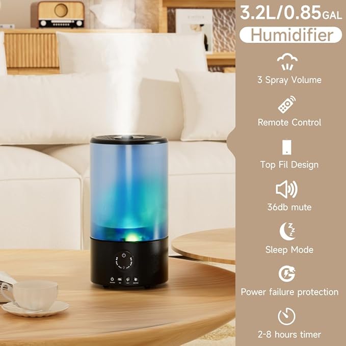 Humidifiers for Bedroom, 3.2L Quiet Ultrasonic Cool Mist Humidifier with 360° Nozzle, 18H Runtime, Timer (1/2/4/8H), Auto Shut-Off, 7-Color RGB Light, Adjustable Mist, for Home, Nursery & Plants - Image 3