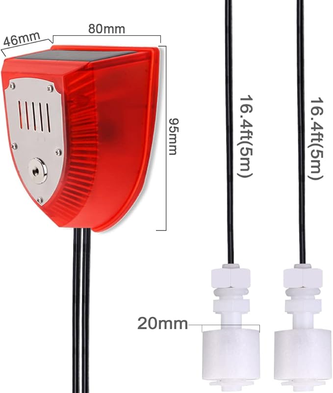 Solar Water Level Sensor, High/Low Water Level Alarm with Dual Probe, 129 dB Red Strobe Siren with Adjustable Volume, Bobber Water Detector, 16.4ft Detect Cord, IP55 Waterproof for Indoor /Outdoor - Image 5