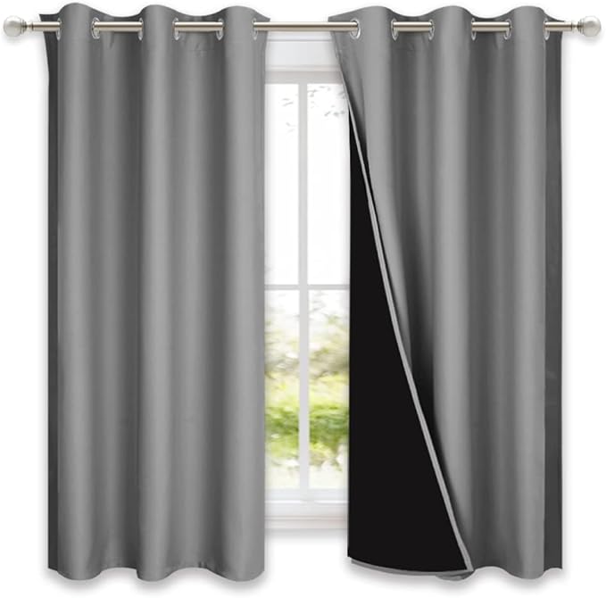 NICETOWN 100% Blackout Curtains with Black Liners, Solid Thermal Insulated Full Blackout 2-Layer Lined Drapes, Energy Efficiency Window Draperies for Bedroom (2 Panels, 42" W by 63" L, Silver Grey) by NICETOWN