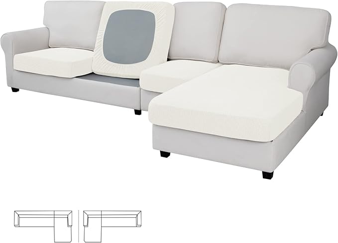 Easy-Going Stretch 4 Pieces Couch Cushion Covers for Sectional Sofa Left/Right L Shape Chaise Lounge Sofa Seat slipcover Anti-Slip Sofa Cover Soft (3 Seater + 1 Chaise, Cream) by Easy-Going