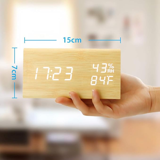 OCT17 Wooden Alarm Clock, Wood Alarm Clock Smart LED Digital Clock for Bedroom/desks, Upgraded with Time Temperature, Adjustable Brightness and Voice Control, Humidity Displaying - Bamboo - Image 5