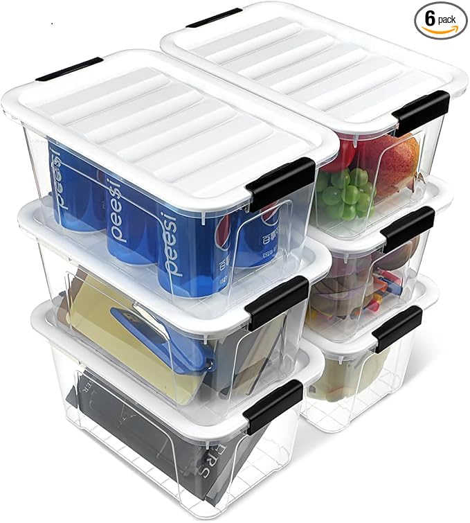 Plastic Storage Bins with Lids 6 Pack, 7 Quart Storage Containers with Black Buckle Latch, Stackable Storage Containers for Home Pantry Office Classroom Organization, by EasyCozyHomey