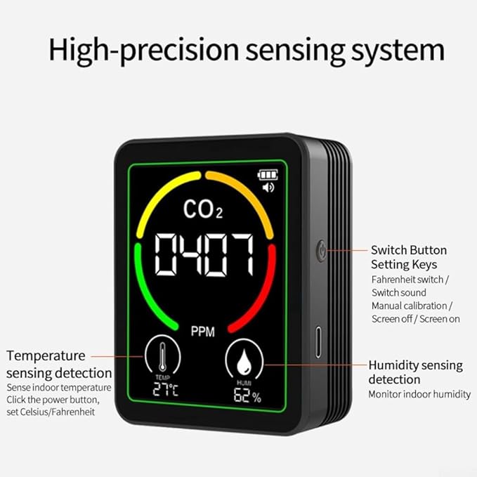 Air Quality Monitor Indoor-Portable Indoor Air Quality Meter, 3-in-1 Indoor Air Quality Monitor with Carbon Dioxide Detector, Temperature and Humidity Sensor, LCD Display(Black) - Image 5