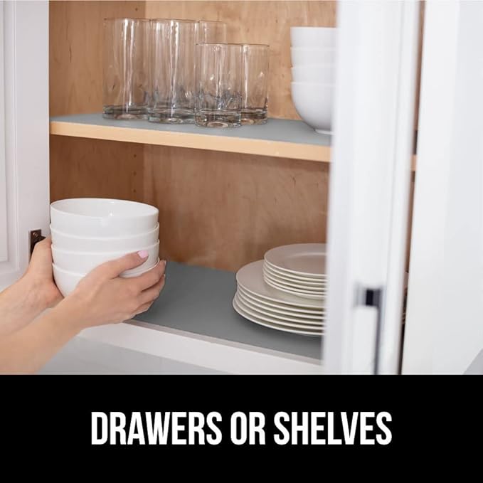 GORILLA GRIP DripGuard Shelf Liner, Non-Adhesive Drawer and Kitchen Cabinet Protector, Strong Grip Slip Resistant Underside, Smooth Surface Liners for Cabinets, Bathroom Closets 17.5x240 In Light Gray - Image 7