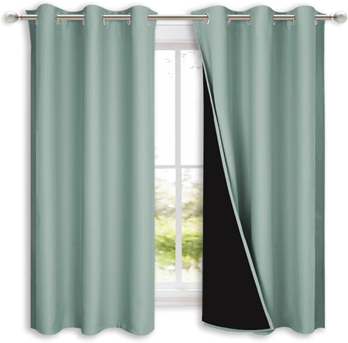 NICETOWN 100% Blackout Lined Curtains, Seafoam Green, 1 Pair, 42" Width x 63" Length Each Panel, 2 Thick Layers Completely Blackout Window Treatment Panels Thermal Insulated Drapes for Kitchen - Image 2